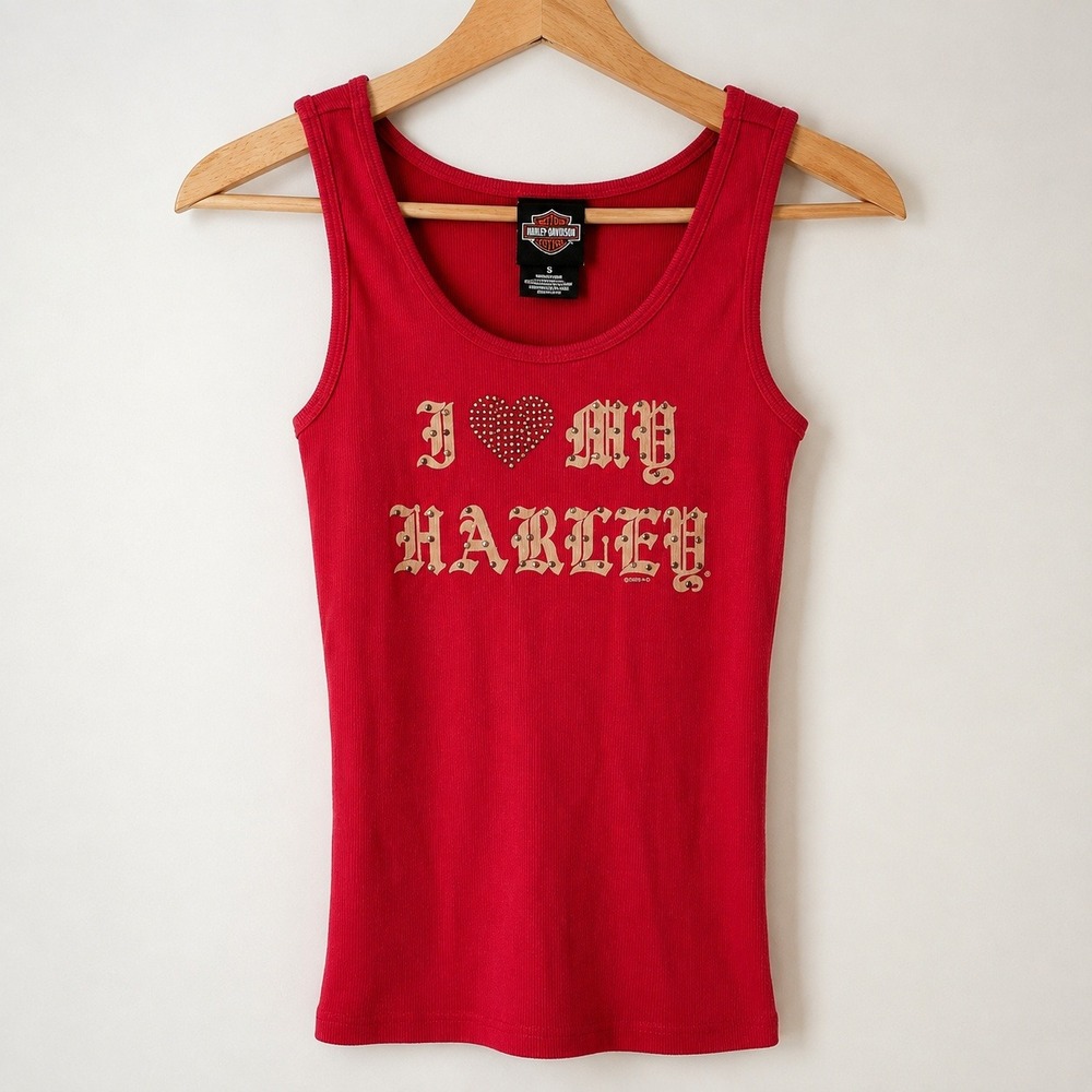 Harley-Davidson Biker Core Red Rhinestone Ribbed Tank Top Women XL Graphic Moto